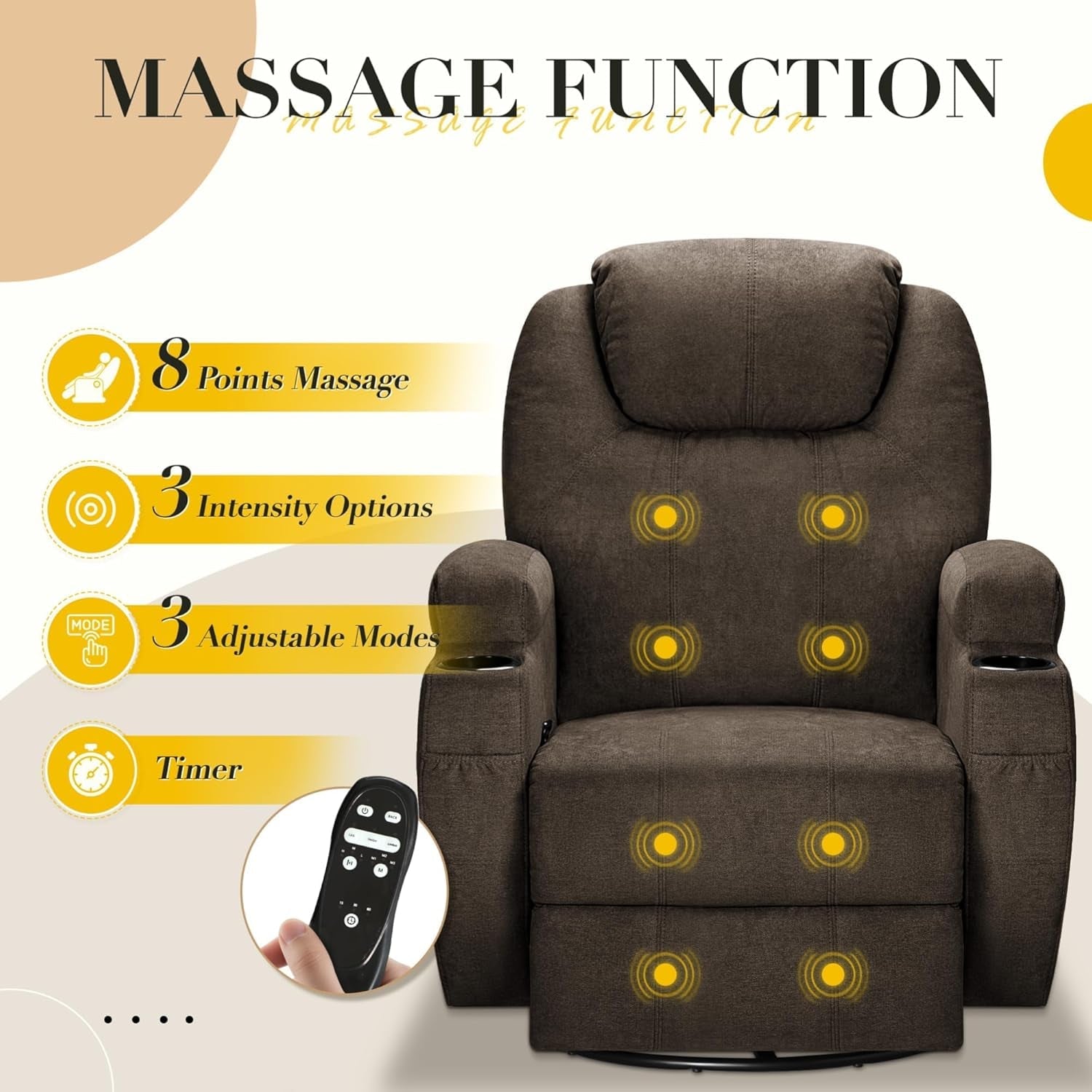 Recliner Chair, 360° Swivel Rocker Chair for Adults, Rocking Recliner Chair with Massage, Comfy Single Sofa with Side Pockets Cup Holders for Living Room, Bedroom, Nursery (Fabric, Brown)-3