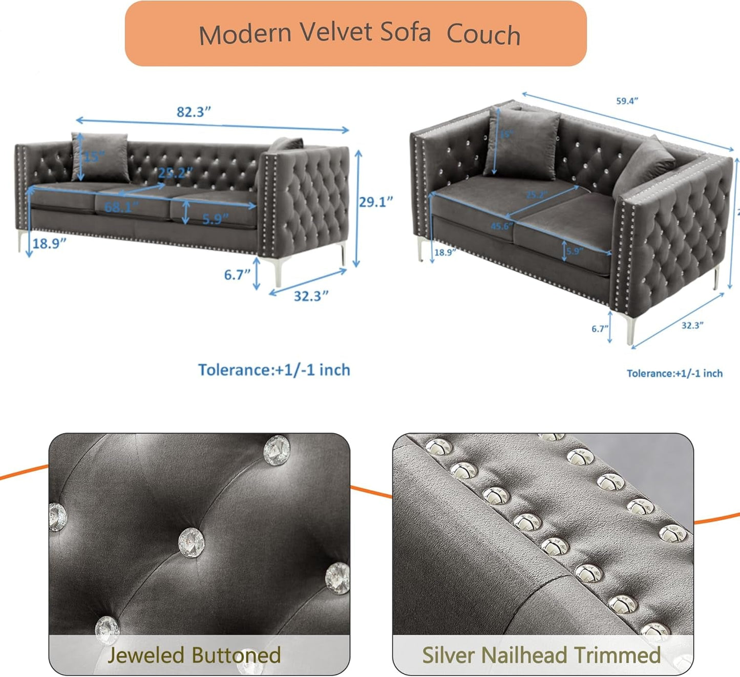 2-Piece Grey Velvet Upholstered Living Room Furniture Set, Including 3-Seater Sofa and Loveseat with Jeweled Buttons, Square Arm, Four Pillows Included for Living Room, Office-1