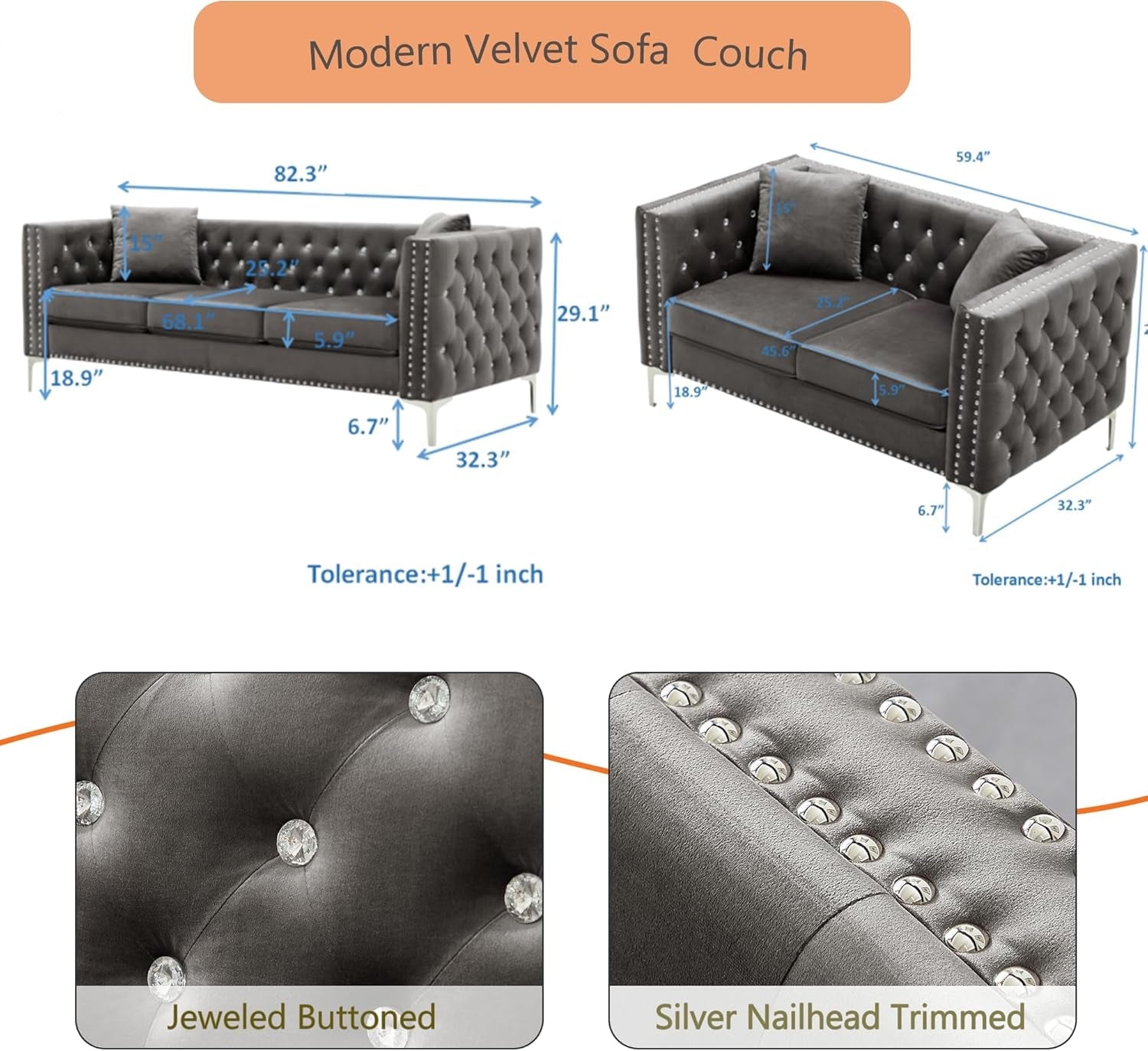 2-Piece Grey Velvet Upholstered Living Room Furniture Set, Including 3-Seater Sofa and Loveseat with Jeweled Buttons, Square Arm, Four Pillows Included for Living Room, Office-1