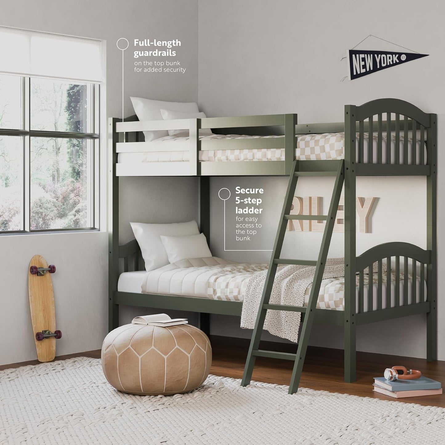Long Horn Twin-Over-Twin Bunk Bed (Olive) - GREENGUARD Gold Certified, Converts to 2 Individual Twin Beds-4