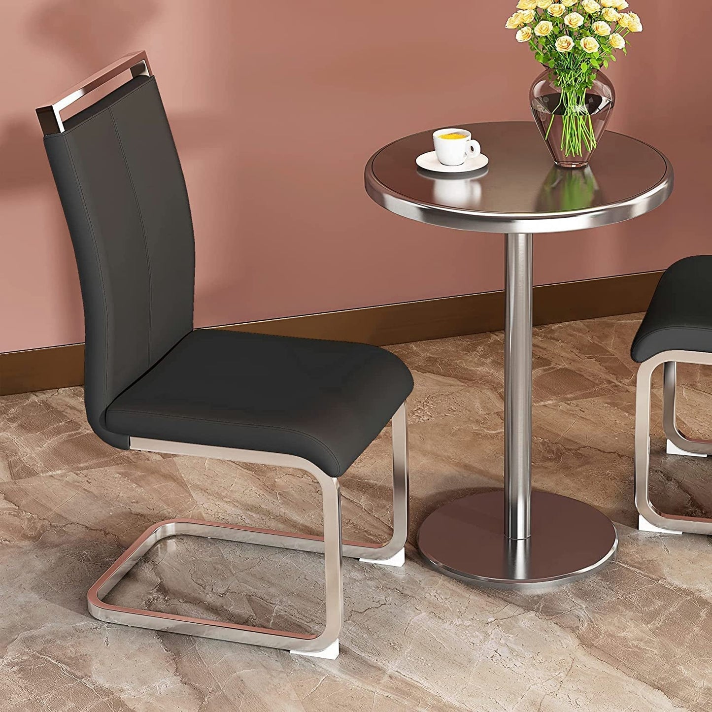 Black Metal Dining Chairs Set of 4 with Faux Leather Padded Seat-0
