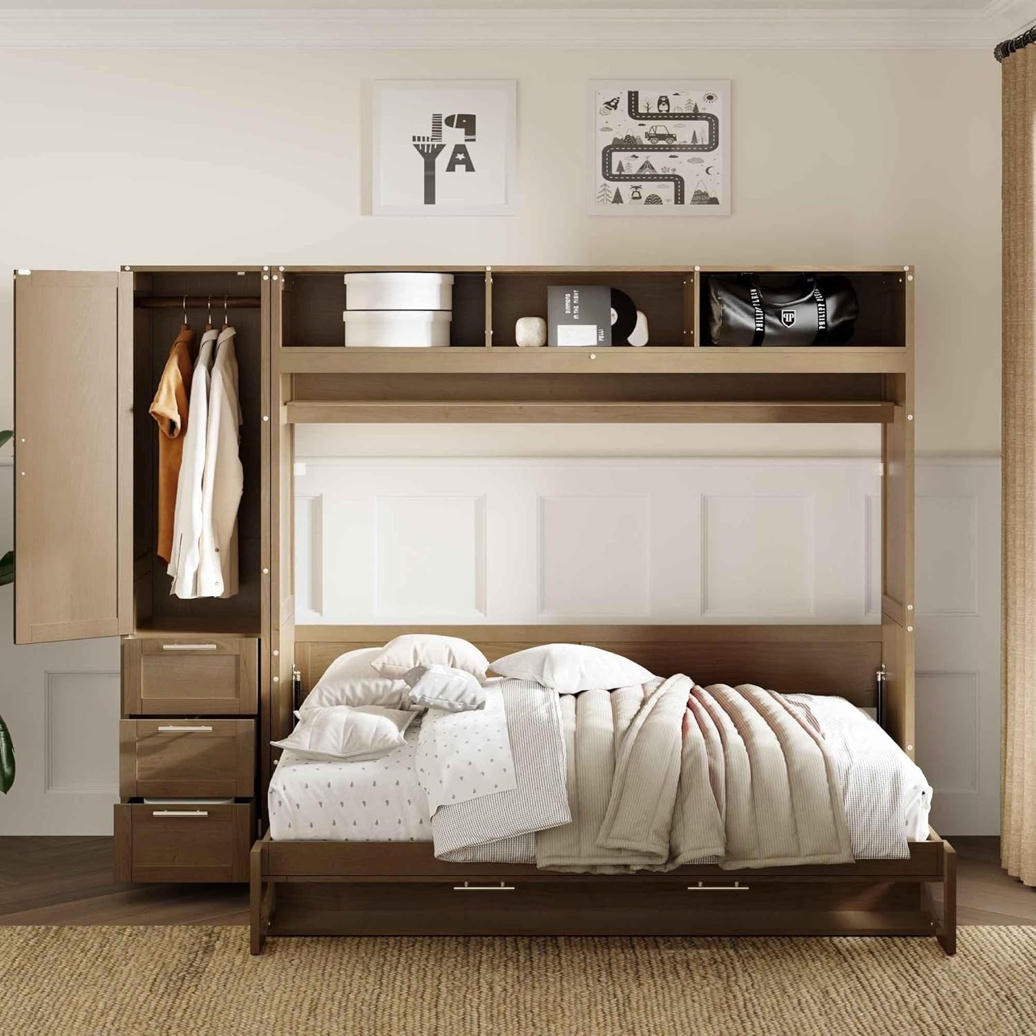 Foldable Full Size Murphy Bed with Wardrobe and Desk-2