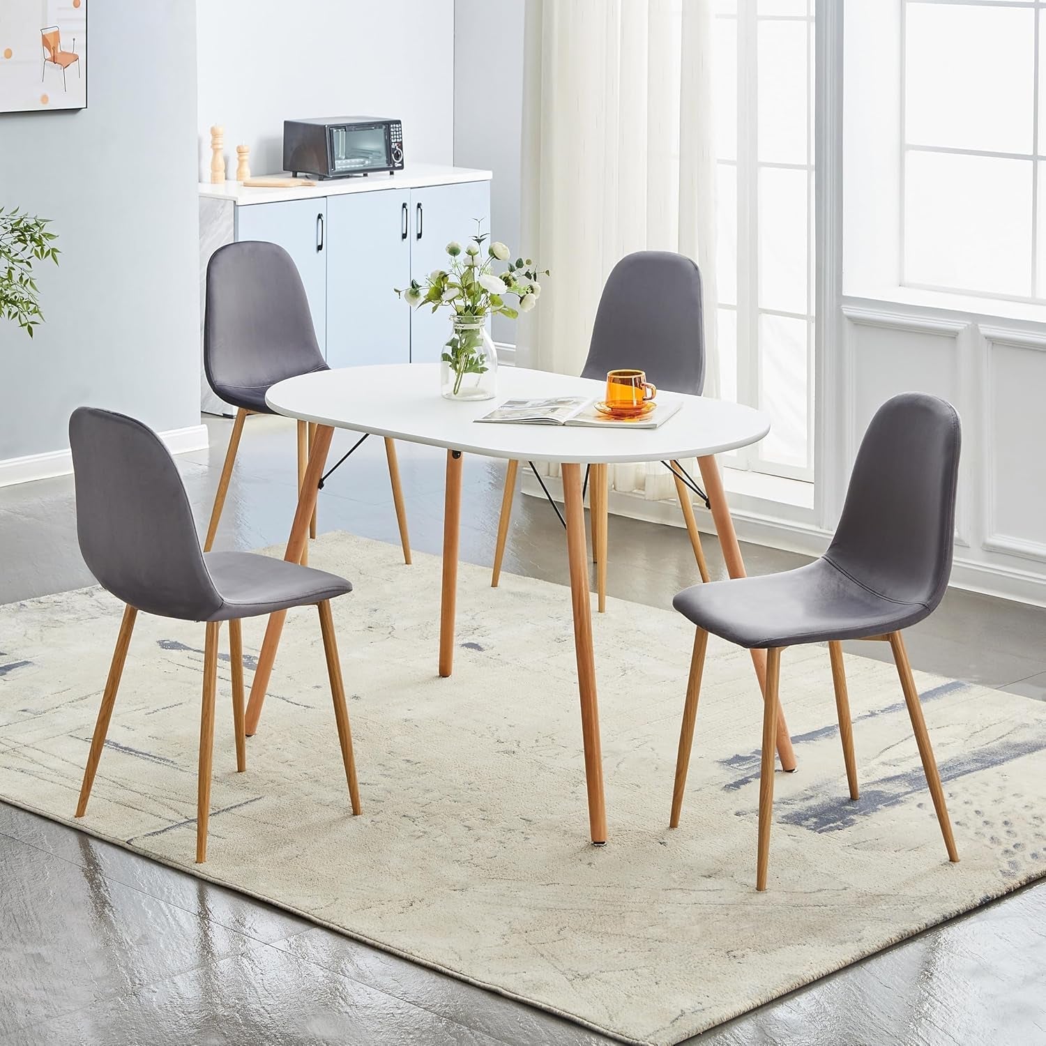 Mid-Century Modern Upholstered Dining Chairs Set of 4, Kitchen Chairs with Metal Legs for Dining Room, Velvet Seat Side Chair for Living Room, Grey-4