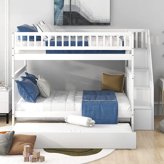 White Full Bunk Bed with Trundle, Staircase, and Bookcase-0