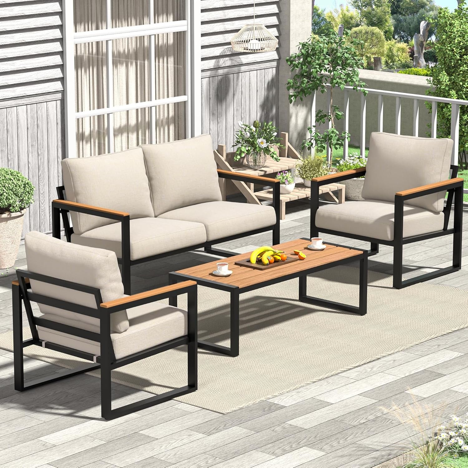 Patio Furniture Set, 4 Pieces Outdoor Patio Furniture with Coffee Table Set, Metal Patio Conversation Sets with Washable and High-Resiliency Sponge Cushions, Upgarded Beige-0