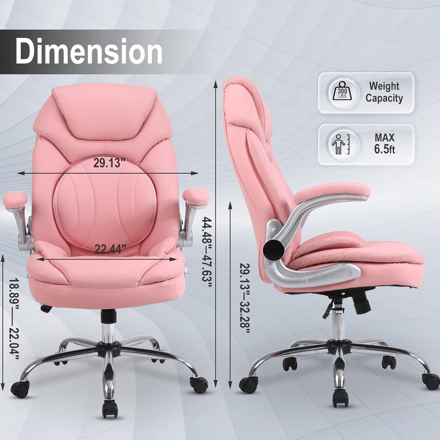Ergonomic Executive Office Chairs with Adjustable Lumbar Support, 90-120° Rocking Managerial Chair Swivel Desk Chairs with Padded Flip-Up Armrests (Pink), Medium(300Lbs)-1
