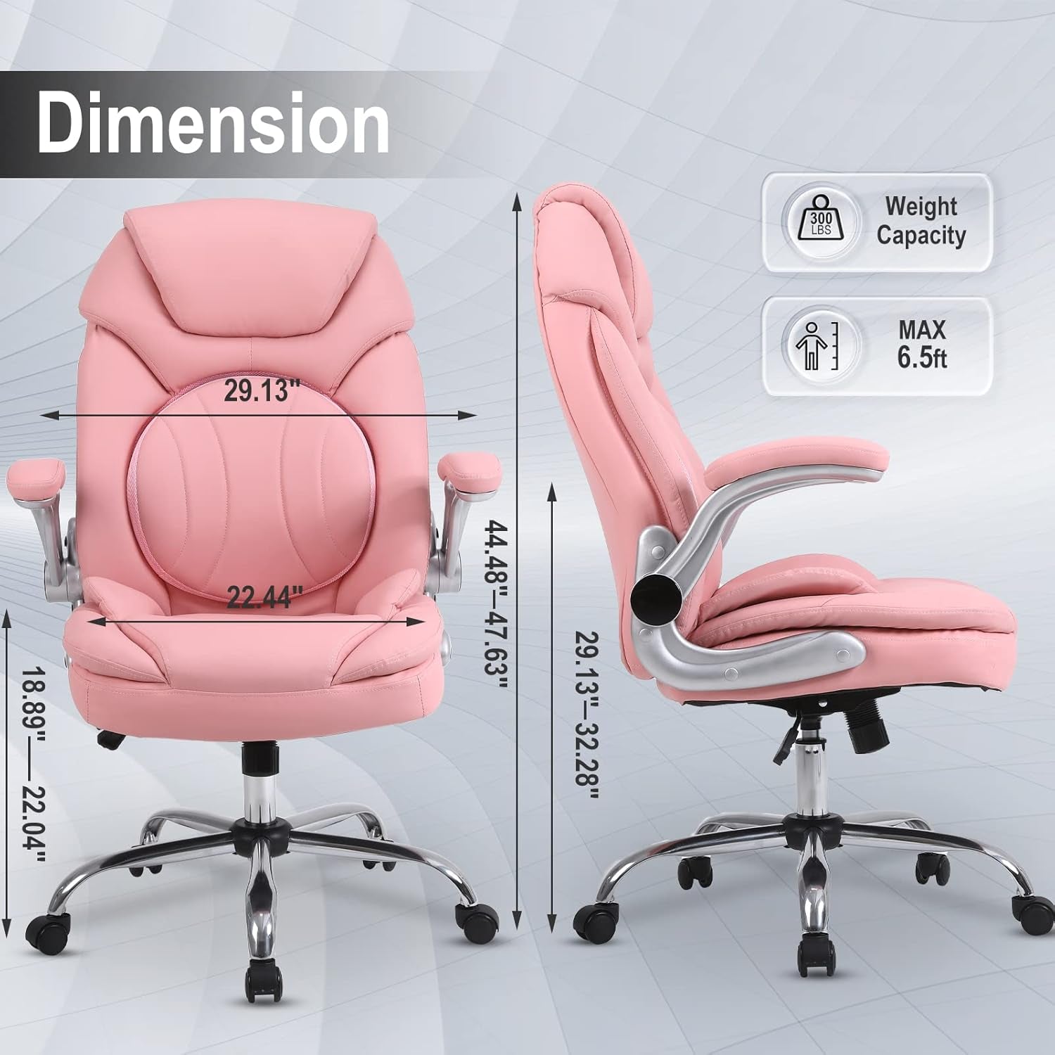 Ergonomic Executive Office Chairs with Adjustable Lumbar Support, 90-120° Rocking Managerial Chair Swivel Desk Chairs with Padded Flip-Up Armrests (Pink), Medium(300Lbs)-1
