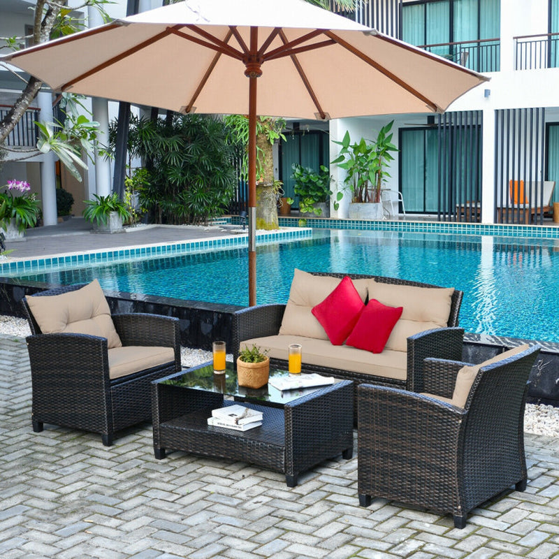 4 Pieces Outdoor Rattan Furniture Set with Glass Table-1