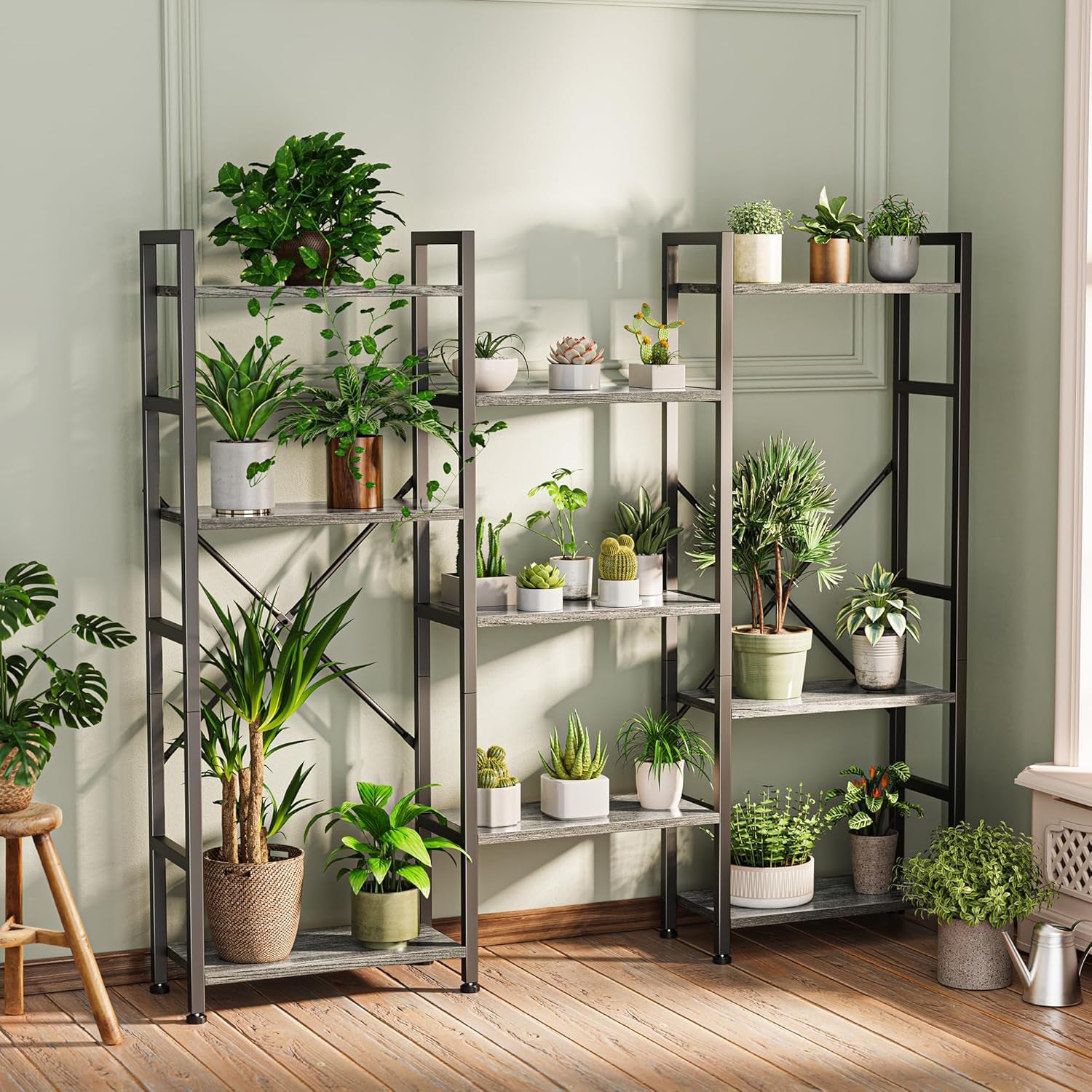 Triple 4 Tier Bookshelf, Bookcase with 11 Open Display Shelves, Wide Book Shelf Book Case for Home & Office, Grey-3