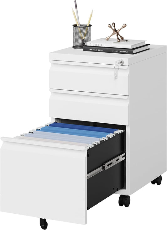White Filing Cabinet 3 Drawers on Wheels under Desk, Metal Rolling File Cabinet with Lock for Home Office, Small Mobile File Cabinet for Letter Legal File Folders, Un-Assembled-0
