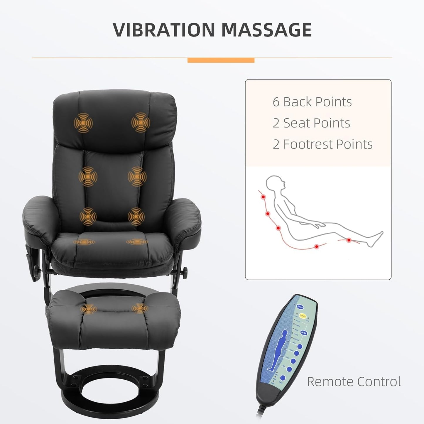PU Leather Massage Recliner Chair with Ottoman 10 Point Vibration Swiveling Armchair, Black-3