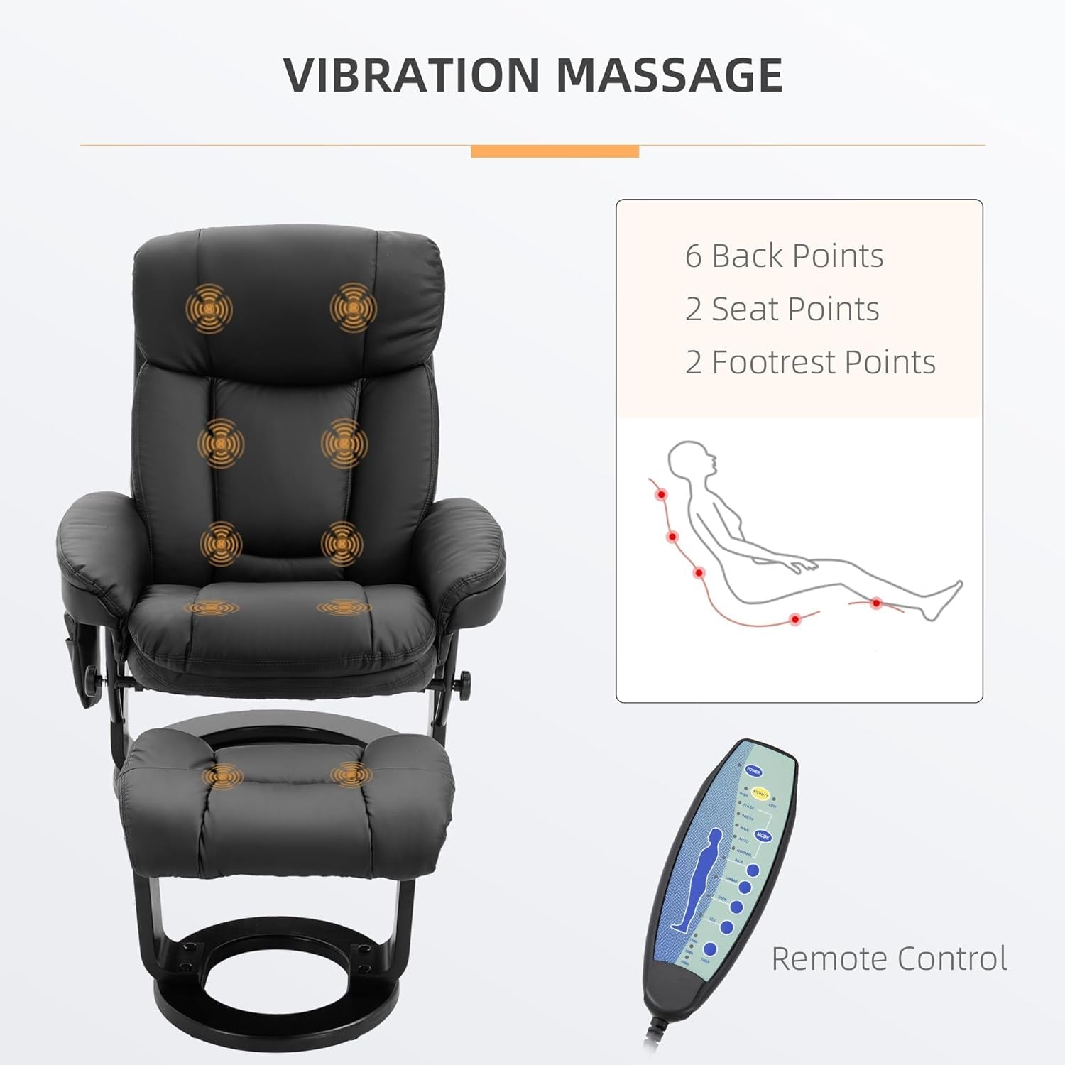 PU Leather Massage Recliner Chair with Ottoman 10 Point Vibration Swiveling Armchair, Black-3