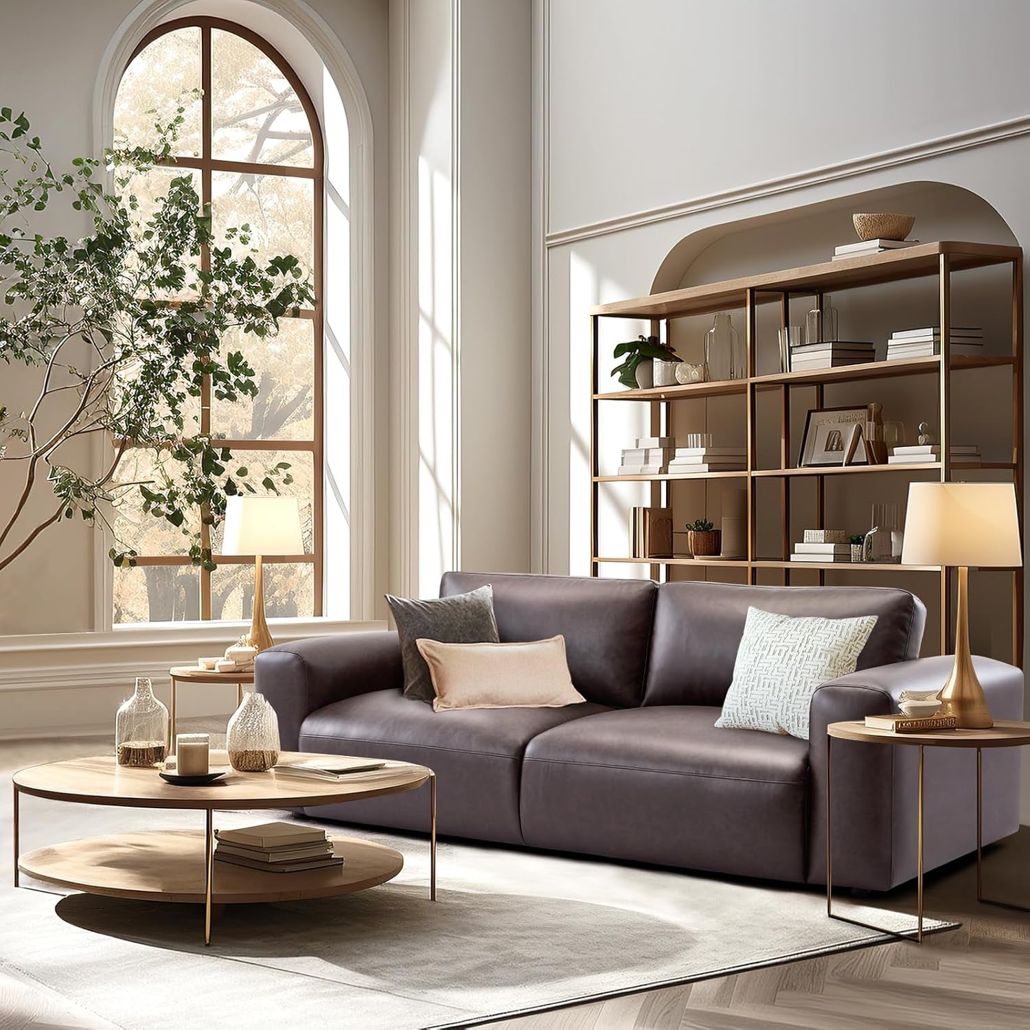 95" Oversized PU Leather Sofa, Comfy Sofa Couch with Extra Deep Seats, Wide Arm, down Filled 3-Seater Modern Sofa for Living Room, Apartment Lounge-Chocolate-1