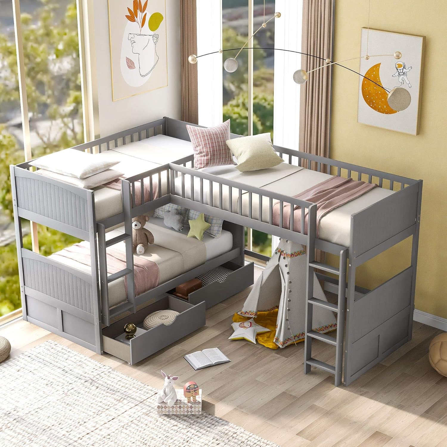 Triple Bunk Bed for Kids L Shaped Bunk Bed Solid Wood Twin over Twin over Twin Bed with 2 Drawers and 2 Ladders, No Box Spring Needed, Gray-2
