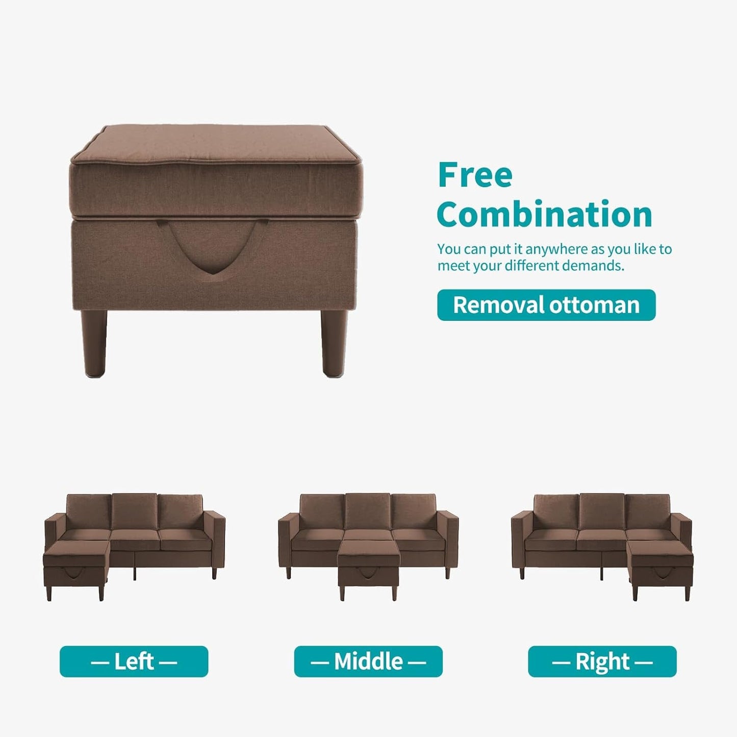 Sectional Sofa with Movable Storage Ottoman, L Shaped Sofa Couches for Living Room Furniture Set with Side Pockets, Modern Sofas Easy Assembl/Free Combination - Brown-2