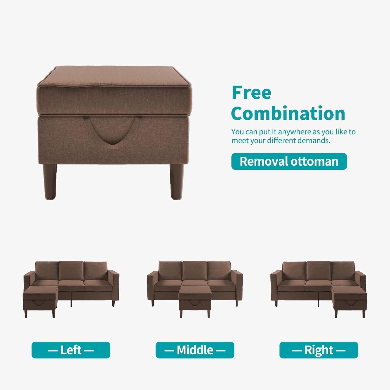 Sectional Sofa with Movable Storage Ottoman, L Shaped Sofa Couches for Living Room Furniture Set with Side Pockets, Modern Sofas Easy Assembl/Free Combination - Brown-2