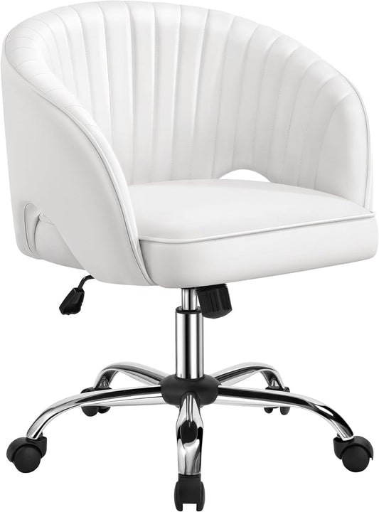 Home Office Chair, Faux Leather Desk Chair, Modern Swivel Chair with Tufted Barrel Back, Rolling Wheels for Office,Study, Vanity, Bedroom White-0