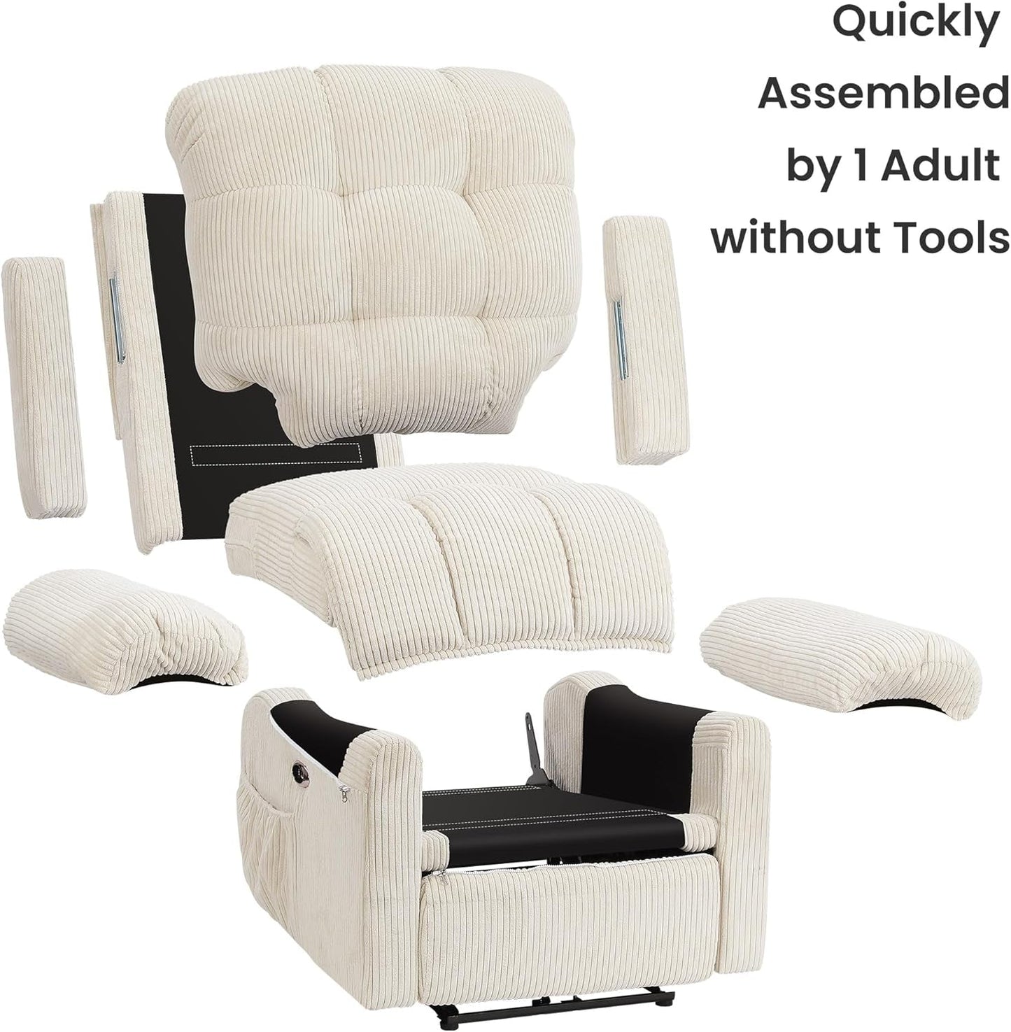 Upgraded 2024 New Power Recliner Chair for Adults, Adjustable Electric Chair Power Reclining Sofa, USB Port, Ultra-Comfy Corduroy Recliner for Living Room, Tool-Less Assembly Single Sofa White-3