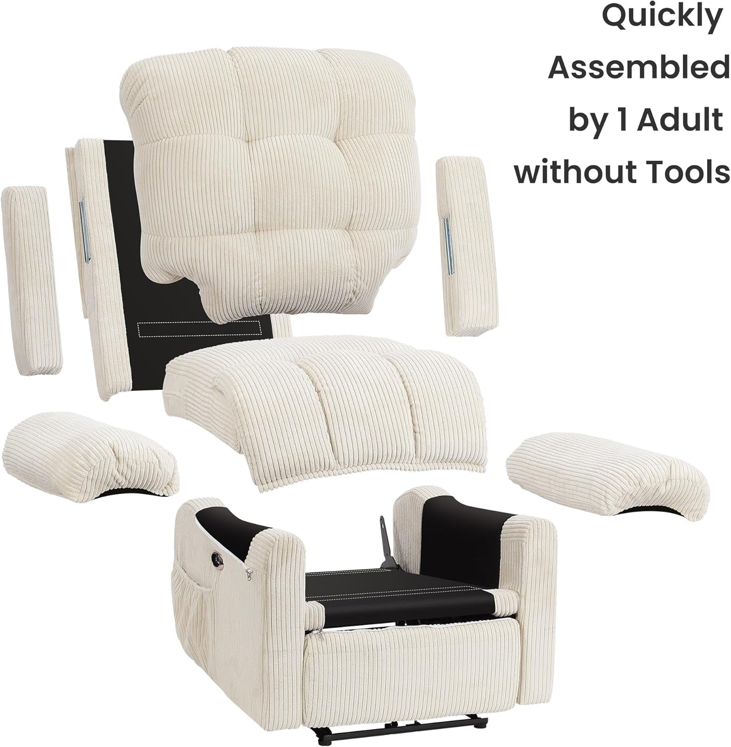 Upgraded 2024 New Power Recliner Chair for Adults, Adjustable Electric Chair Power Reclining Sofa, USB Port, Ultra-Comfy Corduroy Recliner for Living Room, Tool-Less Assembly Single Sofa White-3