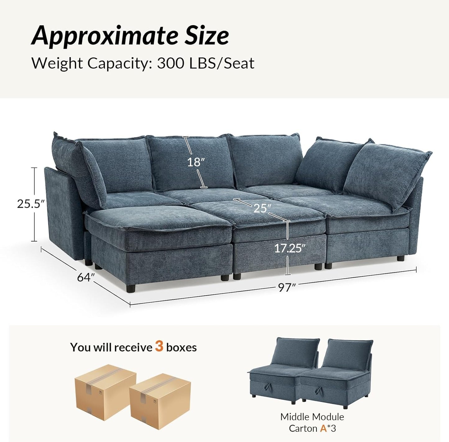 127'' Modular Sectional Sofa, Oversized U Shaped Couch with Storage Ottoman, Extra Deep Seat, Modern Comfy Chenille Sofa with Chaise, 6 Seat Convertible Couches for Living Room, Blue-1