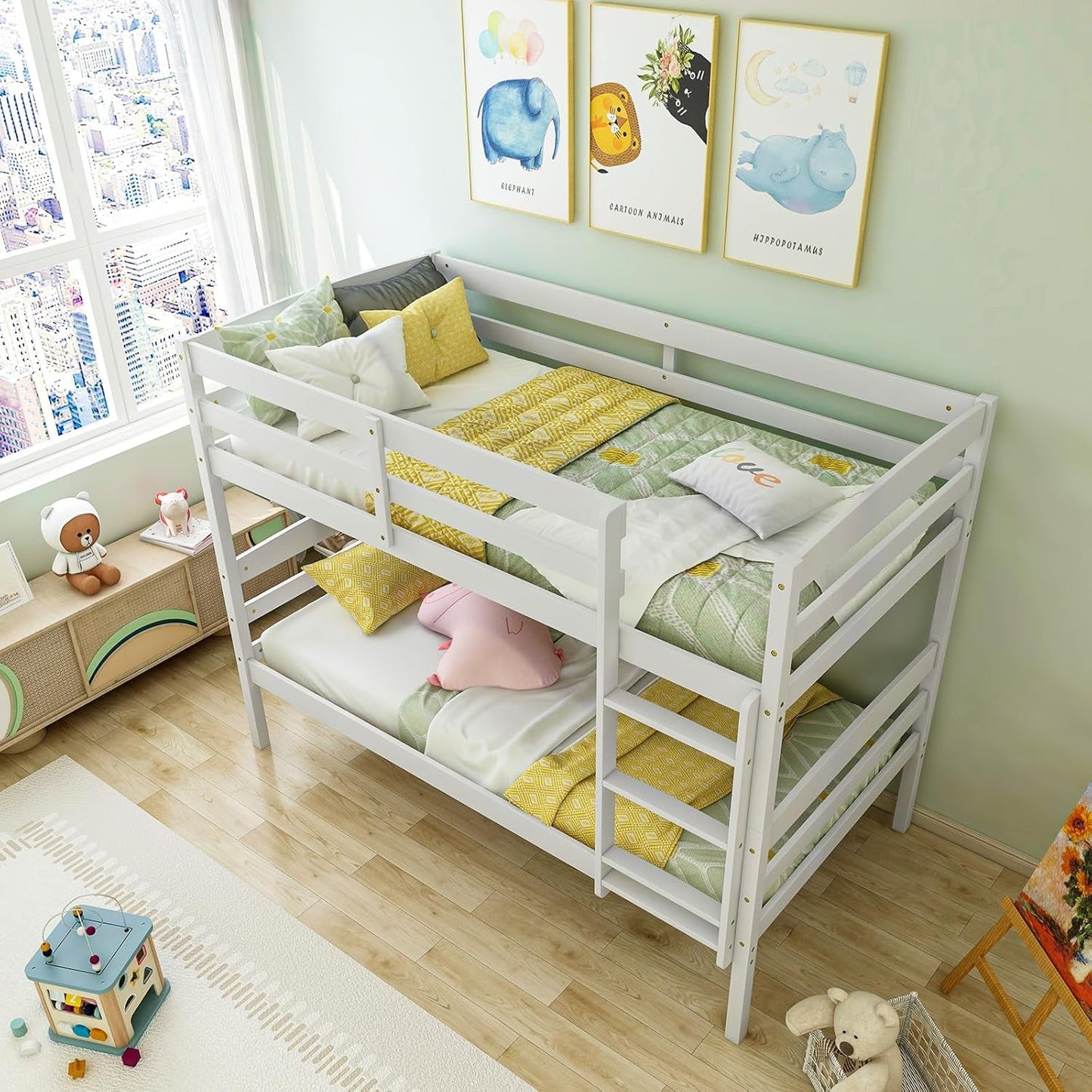 Bunk Bed Twin over Twin, Solid Wood Detachable Bed Frame with High Guardrails & Integrated Ladder, Wooden Slatted Bunk Bed for Kids & Teens, No Box Spring Needed, White-2
