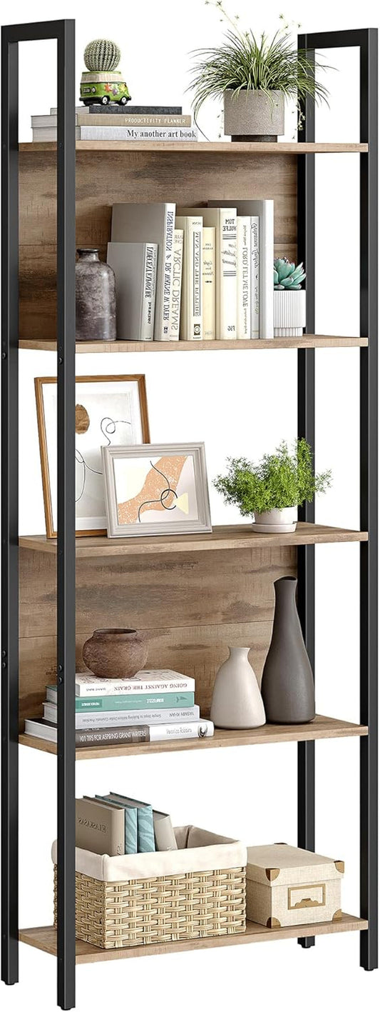 5-Tier Bookshelf, Book Shelf, Industrial Bookcase, with Steel Frame, for Living Room, Home Office, Bedroom, 9.4 X 24.4 X 65 Inches, Camel Brown and Black ULLS025B50-0