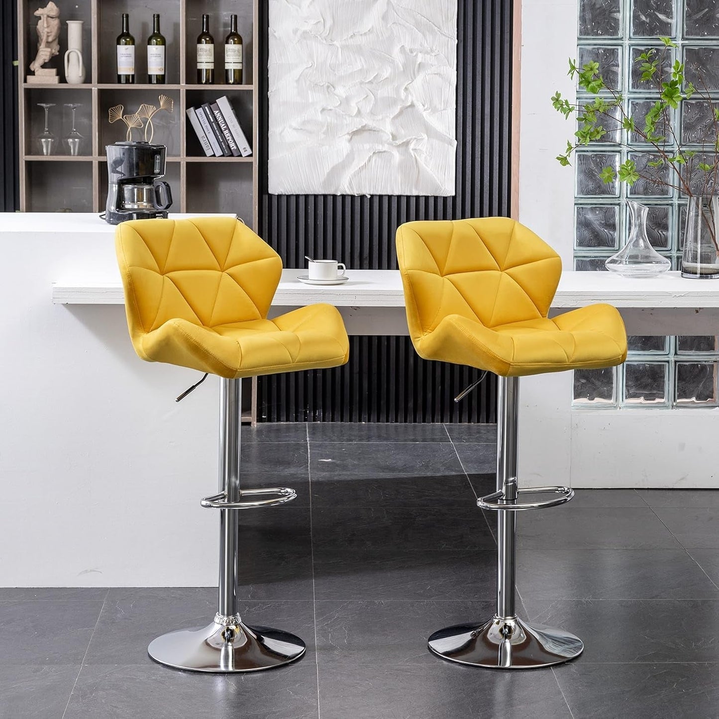 Breni Velvet Diamond Tufted Swivel Adjustable Height Barstools, Set of 2, Yellow-3