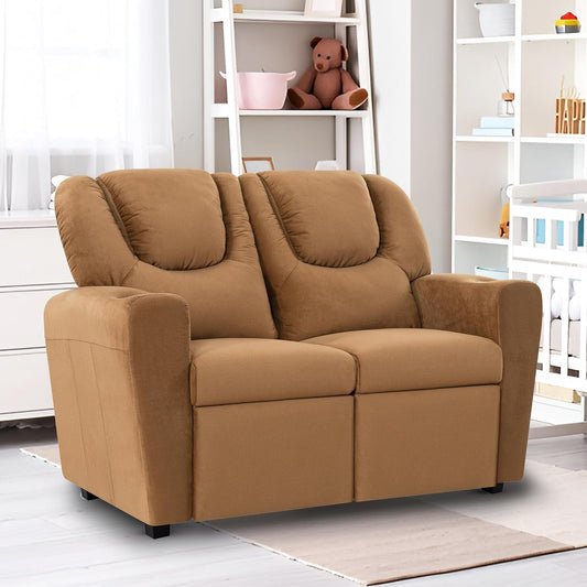 Suri Kids Recliner Loveseat – Spacious Toddler Recliner Chair Ages 3-5 with Cup Holders, Push-Back Function, and Adjustable Footrest - Brown-0