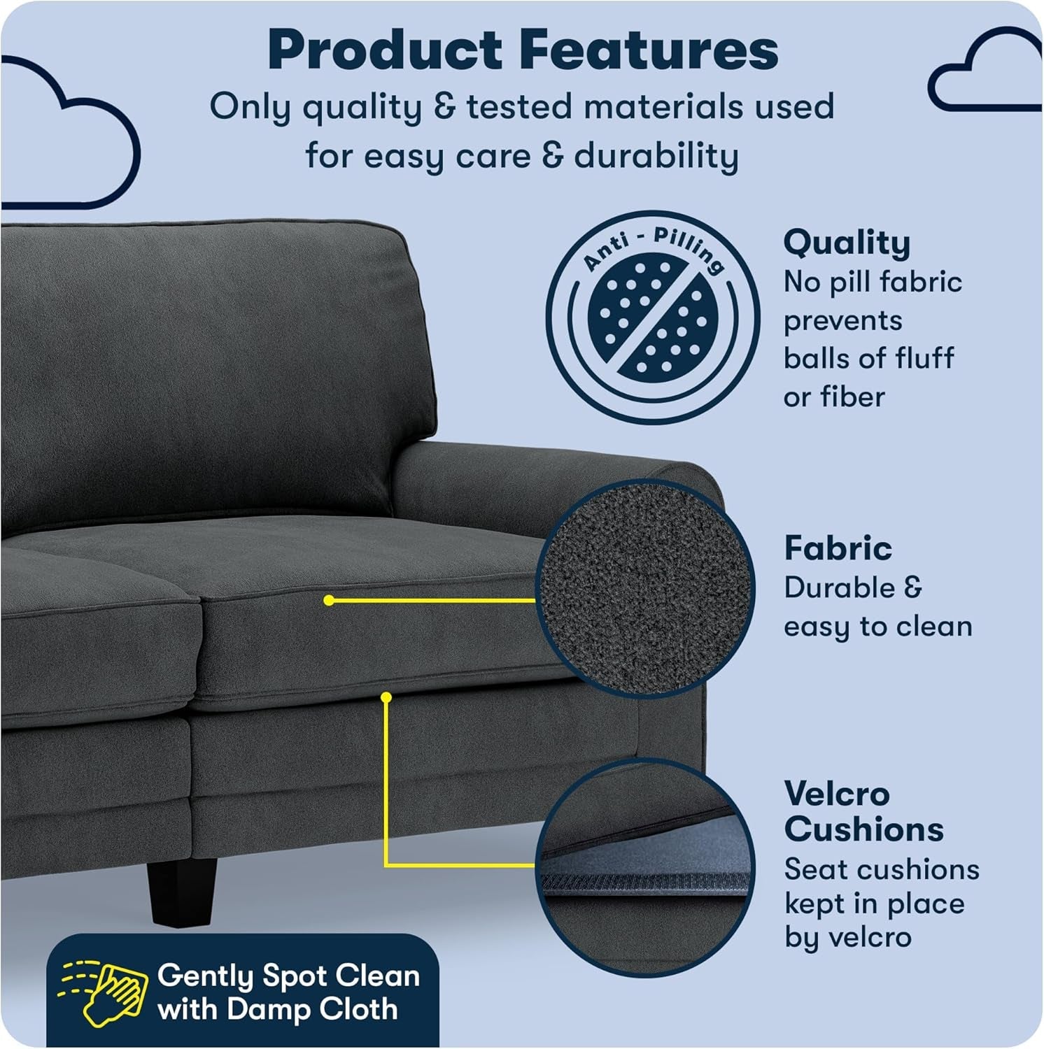 Copenhgen 73" Rolled rm Sof, Esy Cre Polyester, Soft Pillow Bck, Pocket Coil Set Cushions, Removble Covers, Loveset or Couch for Smll Spces, Living Rooms or Bedrooms, Chrcol-2