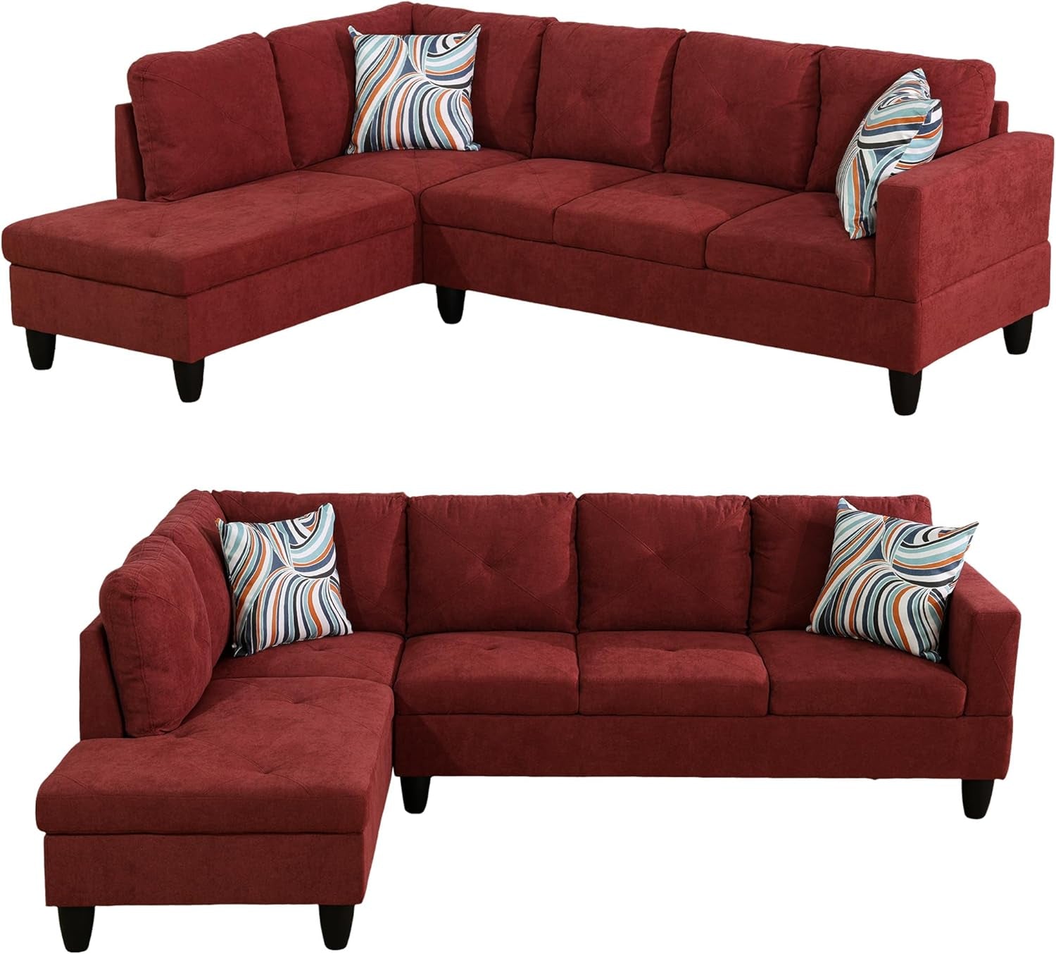L-Shaped Sectional Sofa Set, Luxurious Flannelette 5-Seat Couches, Durable and Comfortable, Space-Saving Design Perfect for Modern Living Room, Apartment, Red-4