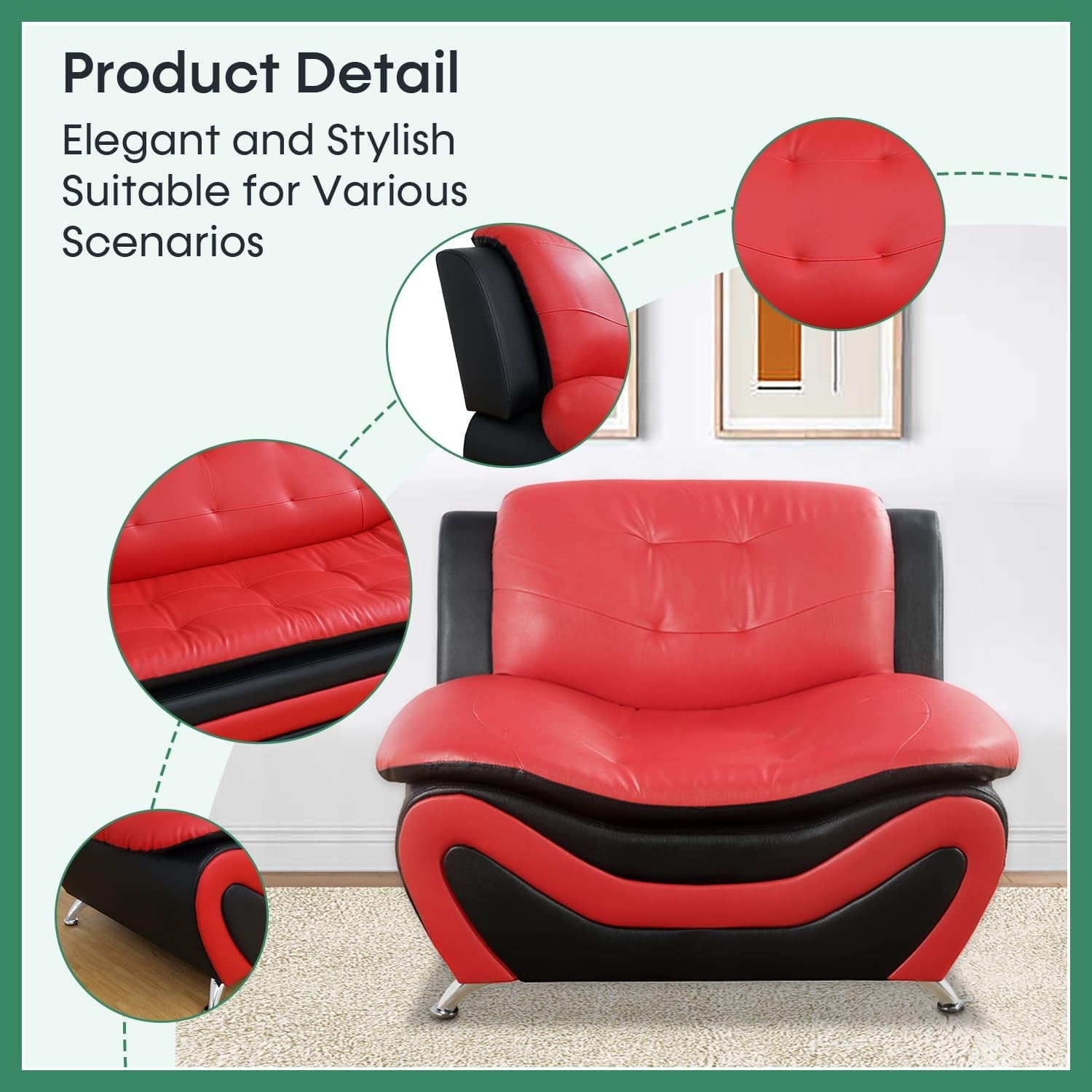 Black & Red Leather 3-Piece Living Room Sofa Set-4