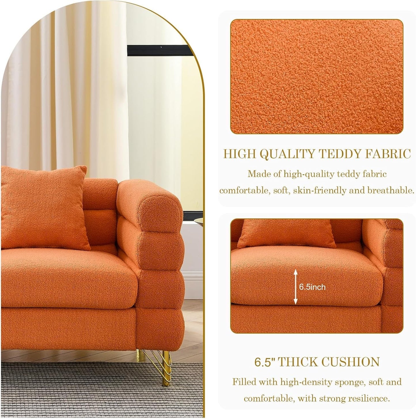 Sofa,Sofa Set of 2,Oversize 2/3 Seater Extra Deep Seat Sofa,Modern Upholstered Futon Sofa Couch, Comfy Teddy Bouclé Cloud Sofa,Furniture for Living Room,Bedroom,Office,Apartment(Orange)-3