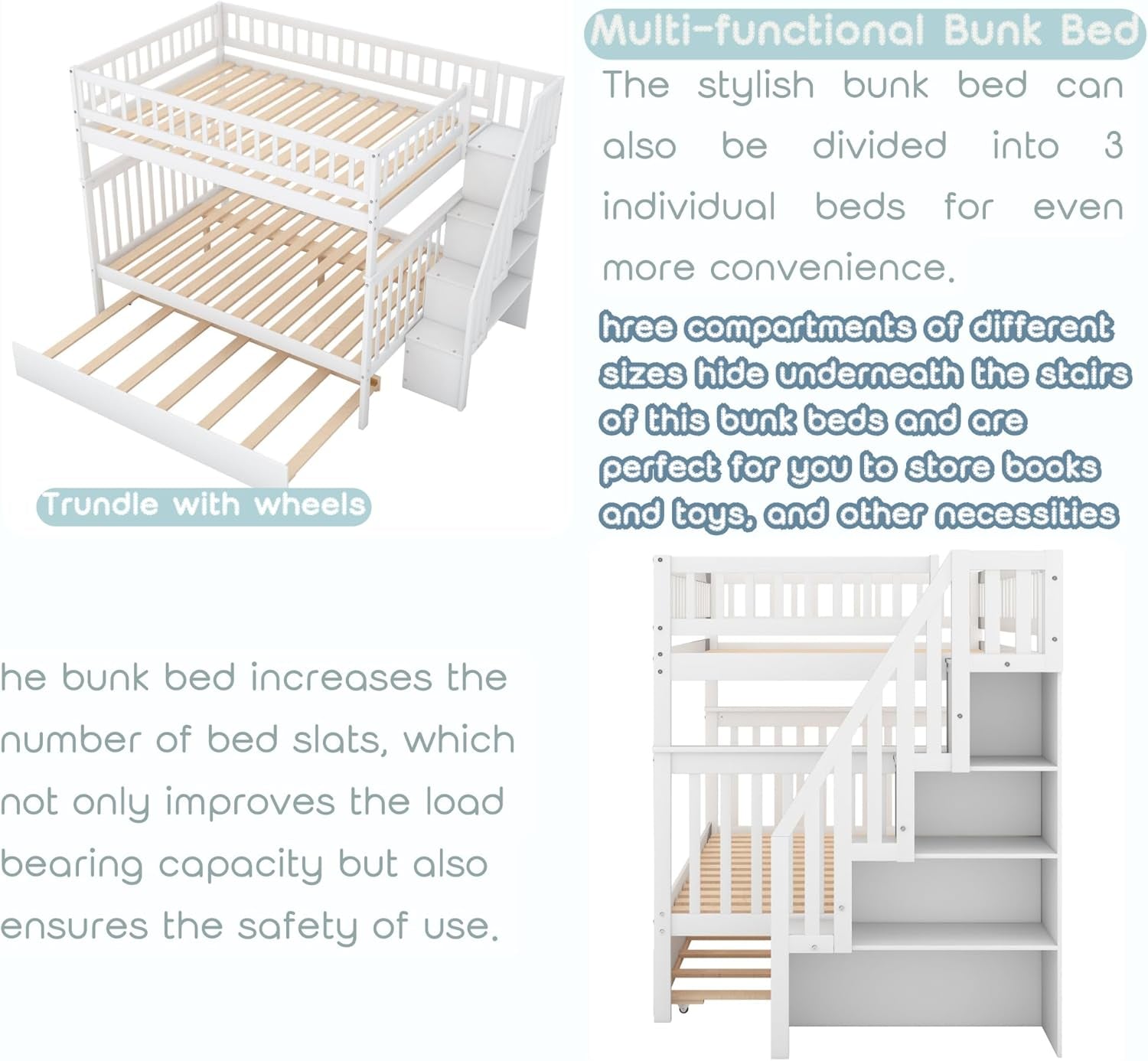 Full over Full Bunk Beds with Trundle and Stairs Stairway Bunk Bed Frame with Storage Shelves for Kids Teens Adult, Detachable Wood Full Bunk Bed for Boys Girls Adults, White-4