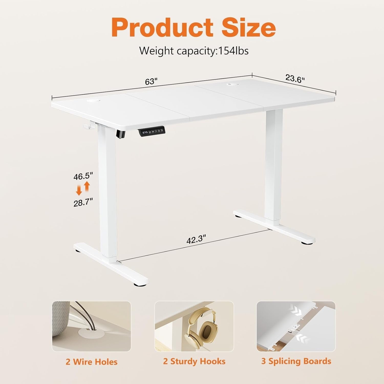 Standing Adjustable Height Desk, Electric 63 X 24 Inch Sit to Stand up Rising Computer Gaming Table with 3 Memory Presets, Splice Board, T-Shaped Bracket Home Office Workstation, White-2
