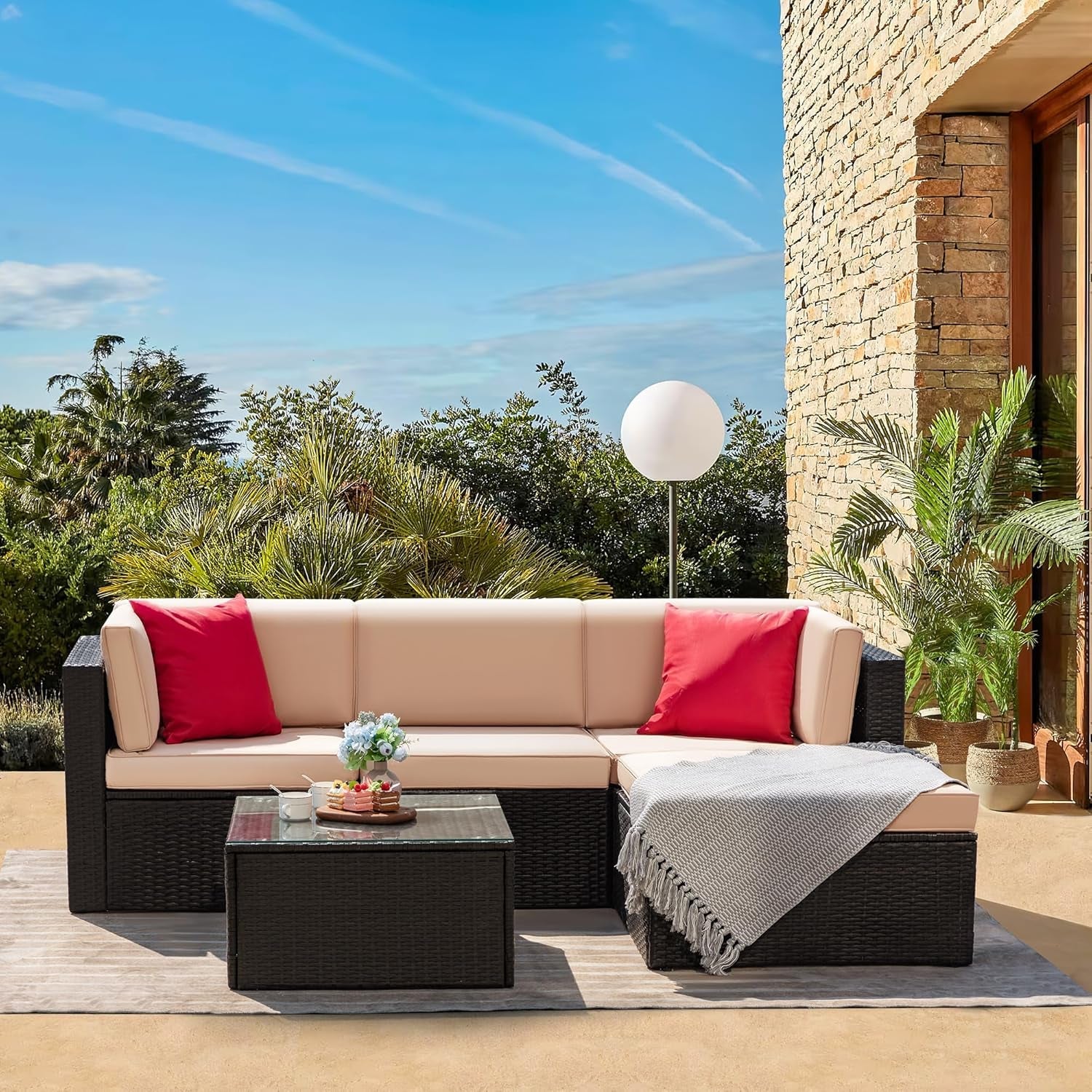 5 Piece Patio Conversation Set Wicker Rattan Furniture Outdoor Sofa with Cushions,Pillows & Glass Table for Porch,Lawn and Yard, Light Beige-0