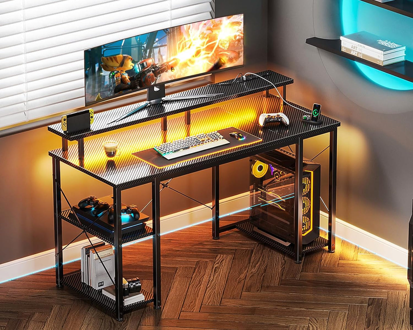 48 Inch Computer Desk with Power Outlets & LED Lights, Gaming Desk with Monitor Stand & Storage Sheves, Home Office Desk, Carbon Fiber Black-1