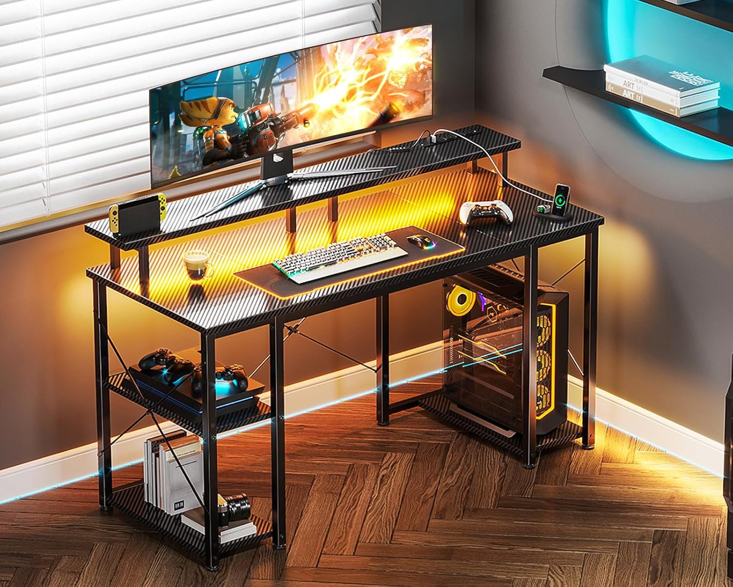 48 Inch Computer Desk with Power Outlets & LED Lights, Gaming Desk with Monitor Stand & Storage Sheves, Home Office Desk, Carbon Fiber Black-1
