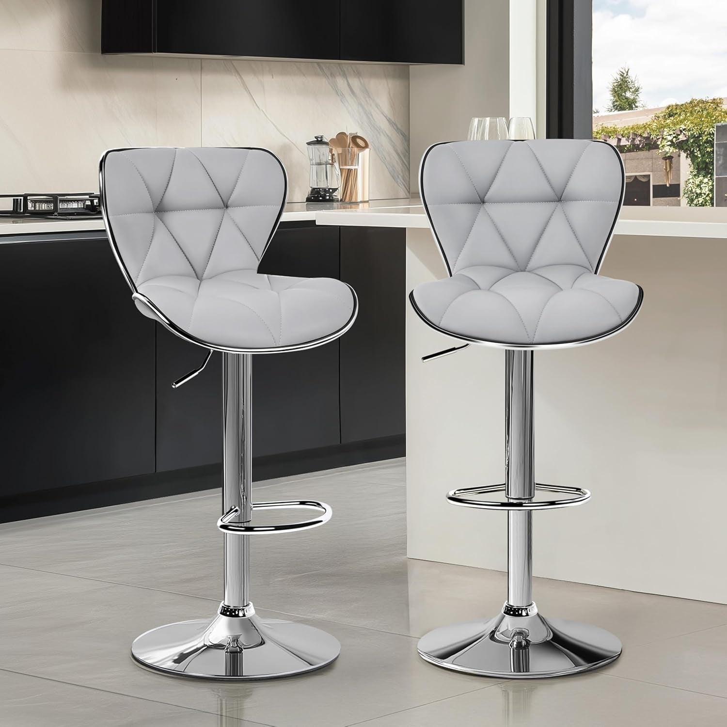 Bar Stools Set of 2, PU Leather Swivel Adjustable Barstools with Shell Back, Bar Chairs with Foma Padded for Home, Kitchen, Light Grey-1