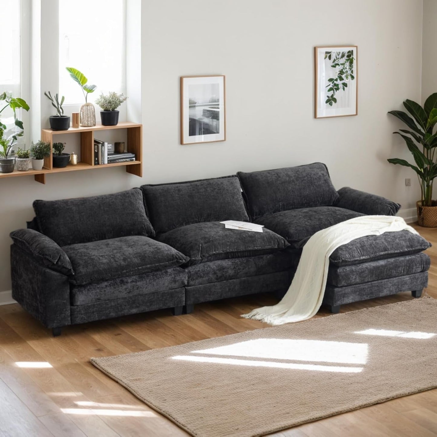 Sectional Sofa Modular Deep Seat Sofa Couch with Ottoman, Chenille Sofa Sleeper Comfy Upholstered Furniture for Living Room, Apartment, Studio, Office, (3-Seat & 1-Ottoman, Black)-0