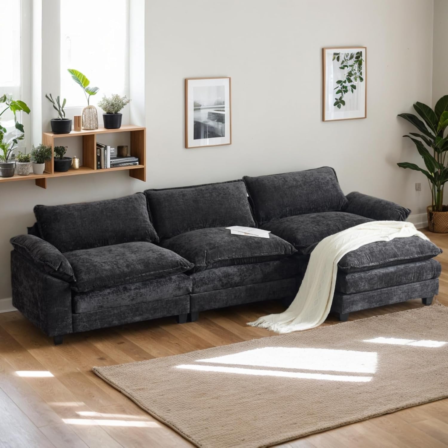 Sectional Sofa Modular Deep Seat Sofa Couch with Ottoman, Chenille Sofa Sleeper Comfy Upholstered Furniture for Living Room, Apartment, Studio, Office, (3-Seat & 1-Ottoman, Black)-0