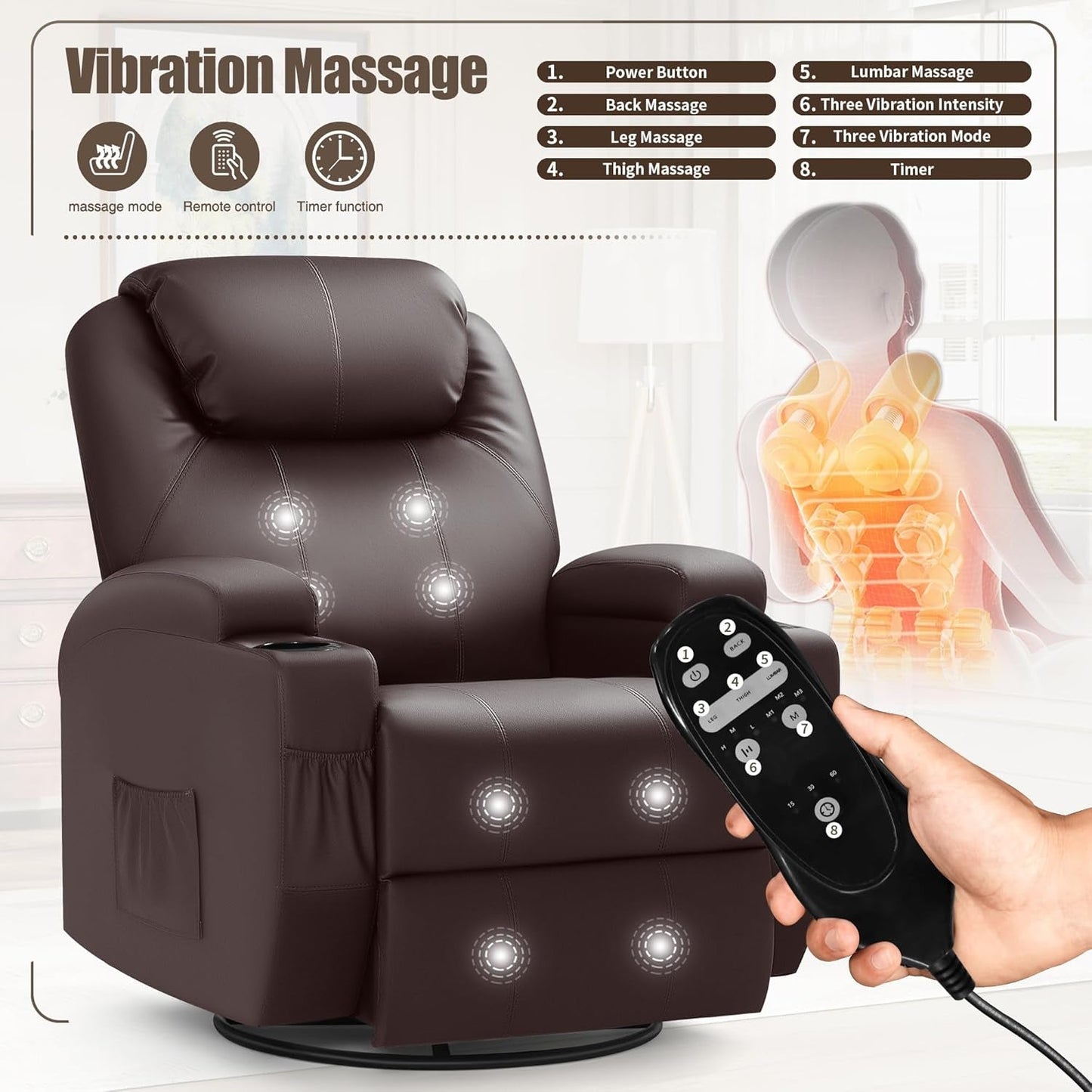Recliner Chair, Rocking Massage Chairs, Home Reclining Sofa Chair, PU Leather, Ergonomic Living Room Chair with Cup Holders, Remote Control (Brown)-2