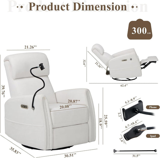 Power Recliner Chairs Swivel Glider Rocker for Nursery, Upholstered Fabric Living Room Rocking Reclining Single Sofa Chair with 2 Device Holders, White, Set of 2-1