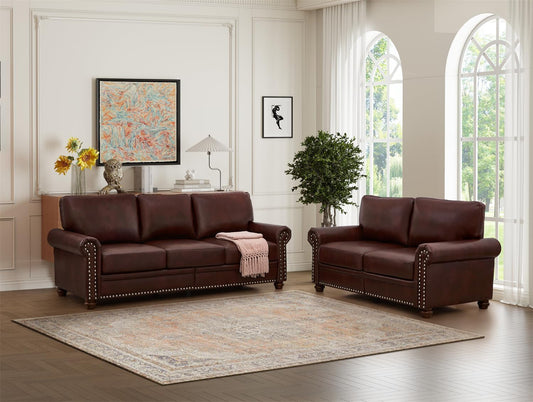 Faux Leather Living Room Sofa Set with 3-Seat Couch and 2-Seat Loveseat, Hidden Storage under Seat, Nailhead Trim, Solid Wood Legs, Burgundy-0