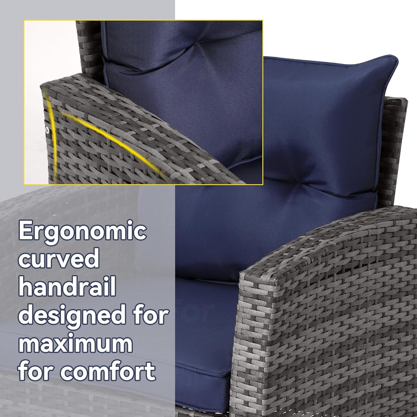 4 Piece Outdoor Patio Furniture Set, Outdoor Sectional Furniture, Wicker Sectional Conversation Sofa Set with Glass Table and Cushions (4 Piece Navy)-3