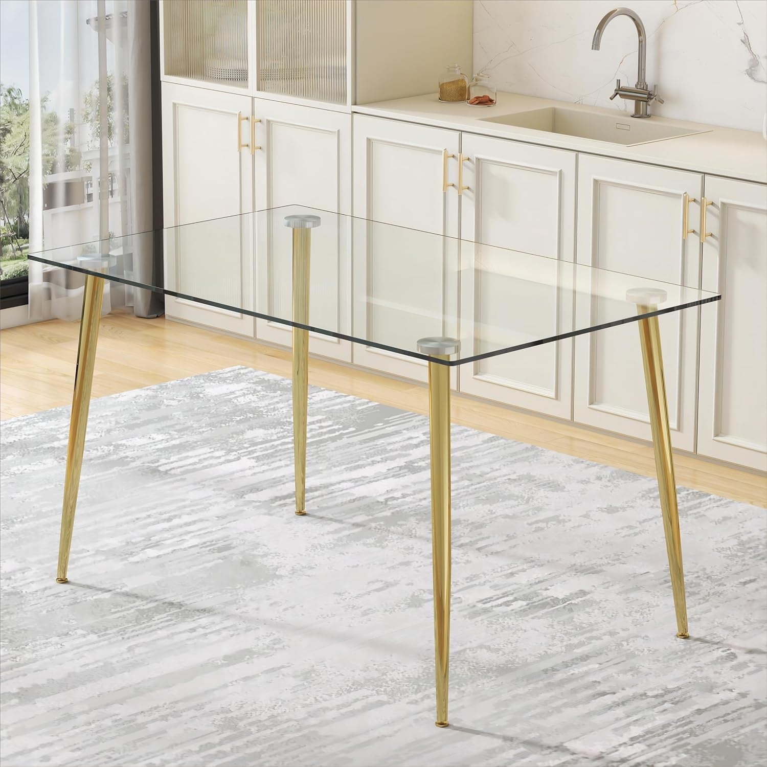 Glass Dining Table for 4 with 51 Inch Clear Tempered Glass Top, 0.31" Modern Rectangular Glass Kitchen Table Furniture with 4 Golden Plating Metal Legs for Home Kitchen Room-0