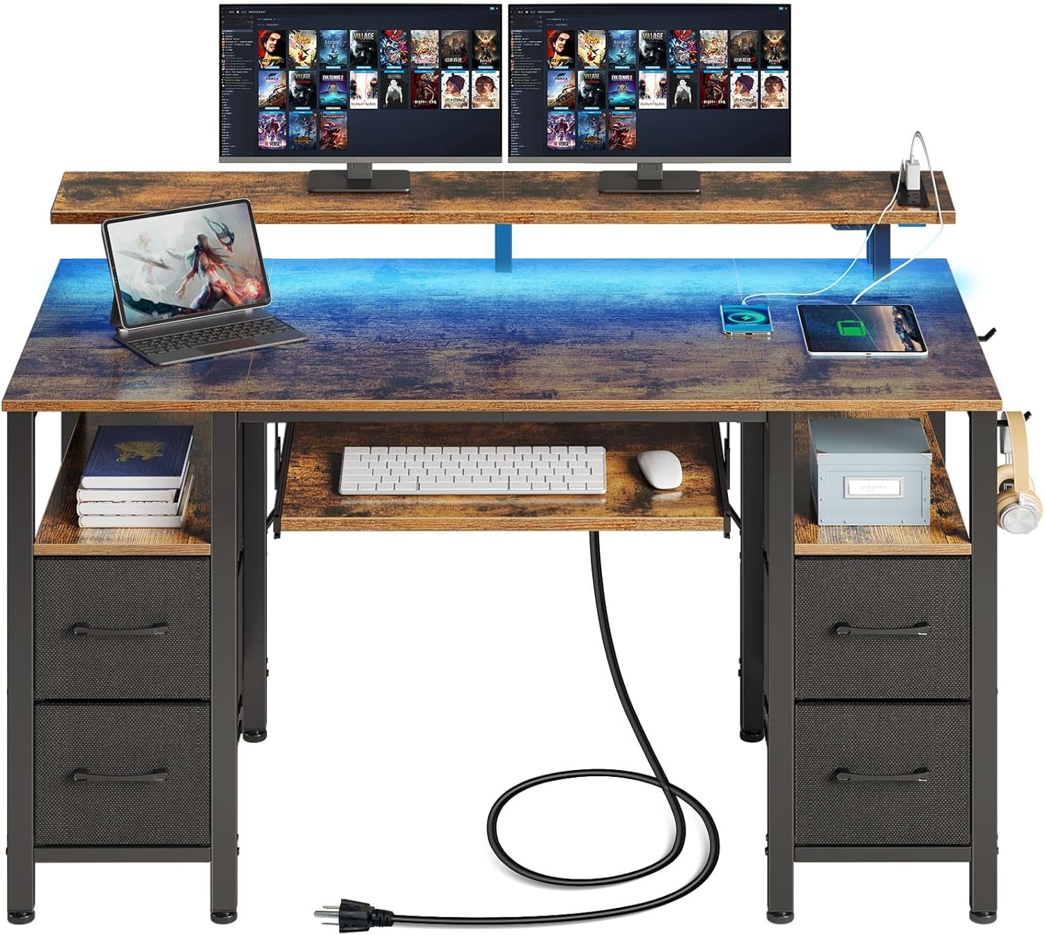 Computer Desk 47.2" with LED Lights & Power Outlets, Home Office Desk with 4 Drawers, Writing Desk with Keyboard Tray, Study Desk with Monitor Stand, Work Desk for Home Office, Rustic Brown-0