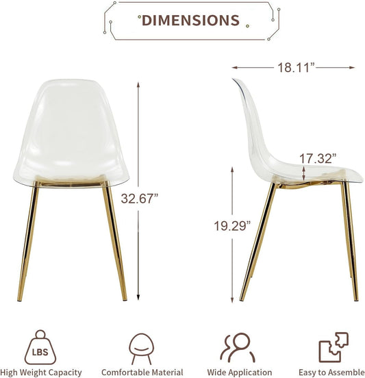 Clear Dining Chairs Set of 4, Modern Kitchen Chairs with Transparent Seat, Acrylic Accent Side Chairs with Plating Metal Legs for Dining Room, Kitchen, Living Room with Gold-1
