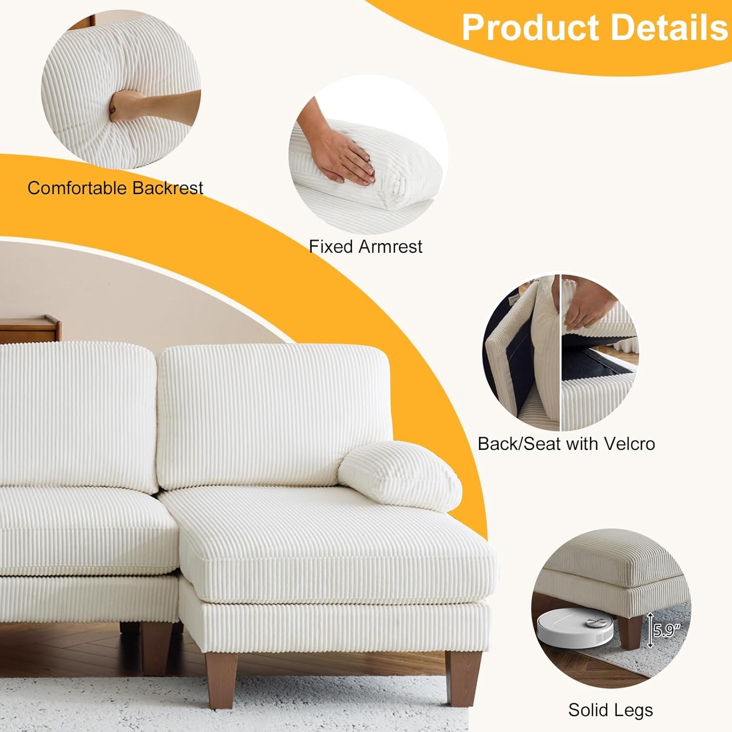 Beige 111" U-Shape Corduroy Sectional Sofa with Chaises-4