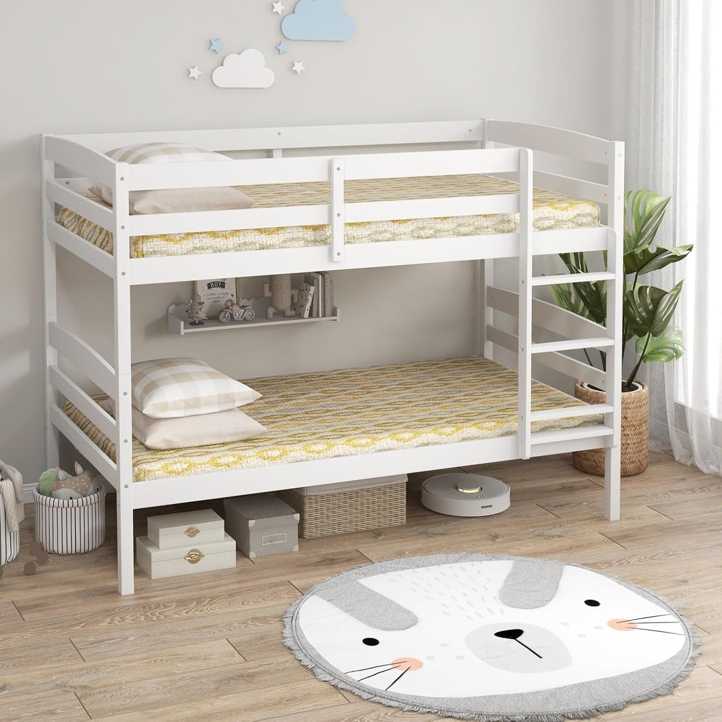 Bunk Bed Twin over Twin, Solid Wood Detachable Bed Frame with High Guardrails & Integrated Ladder, Wooden Slatted Bunk Bed for Kids & Teens, No Box Spring Needed, White-0