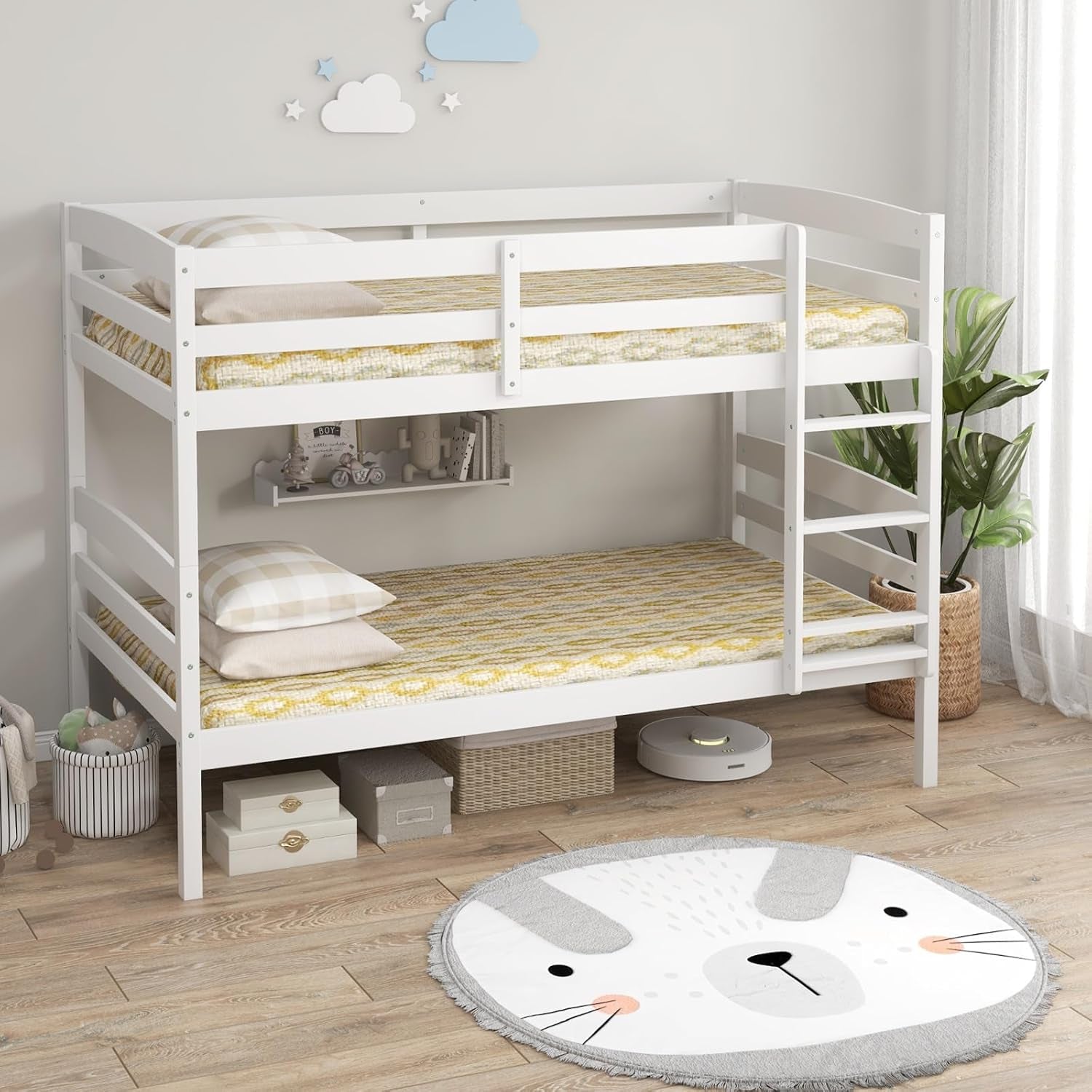 Bunk Bed Twin over Twin, Solid Wood Detachable Bed Frame with High Guardrails & Integrated Ladder, Wooden Slatted Bunk Bed for Kids & Teens, No Box Spring Needed, White-0